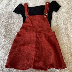 Red Corduroy Mini Overall Dress
